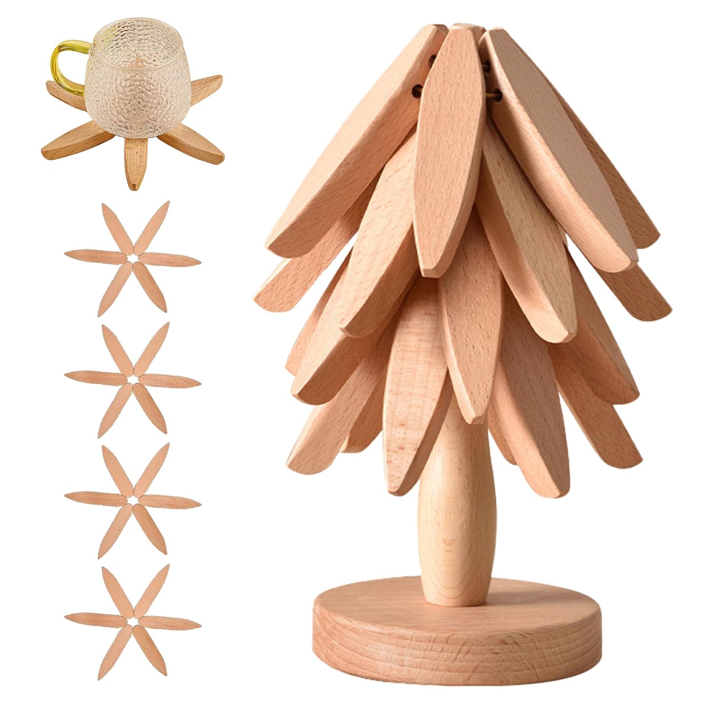 Wooden Trivets for Hot Dishes, Tree Shape Trivet Set, 4 Walnut Wood + 1 Stand stored Like a Christmas Tree,Foldable Kitchen Wooden Trivet,for Hot Dishes、Pot、Bowl、Teapot、Hot Pot Holder(Walnut Wood)