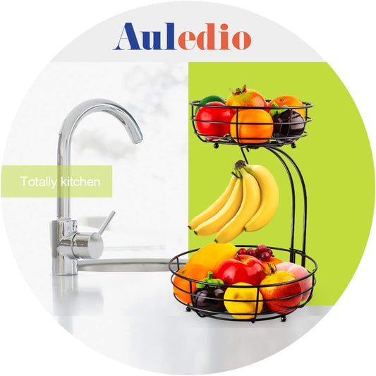 Auledio Iron 2-Tier Countertop Fruit Vegetables Basket Bowl Storage With Banana Hanger, Black, 64 ounces