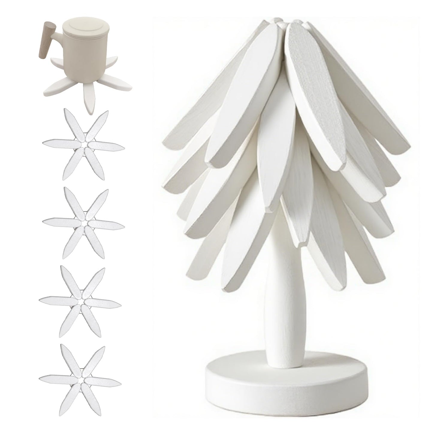 Wooden Trivets for Hot Dishes, Tree Shape Trivet Set, 4 Walnut Wood + 1 Stand stored Like a Christmas Tree,Foldable Kitchen Wooden Trivet,for Hot Dishes、Pot、Bowl、Teapot、Hot Pot Holder(Walnut Wood)