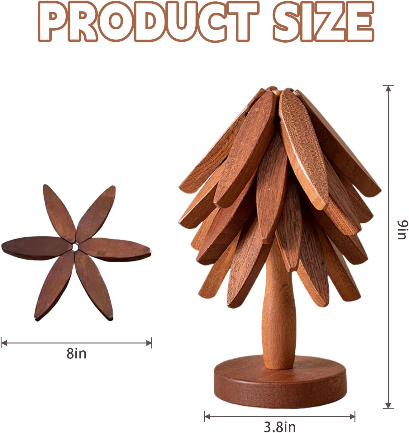 Wooden Trivets for Hot Dishes, Tree Shape Trivet Set, 4 Walnut Wood + 1 Stand stored Like a Christmas Tree,Foldable Kitchen Wooden Trivet,for Hot Dishes、Pot、Bowl、Teapot、Hot Pot Holder(Walnut Wood)