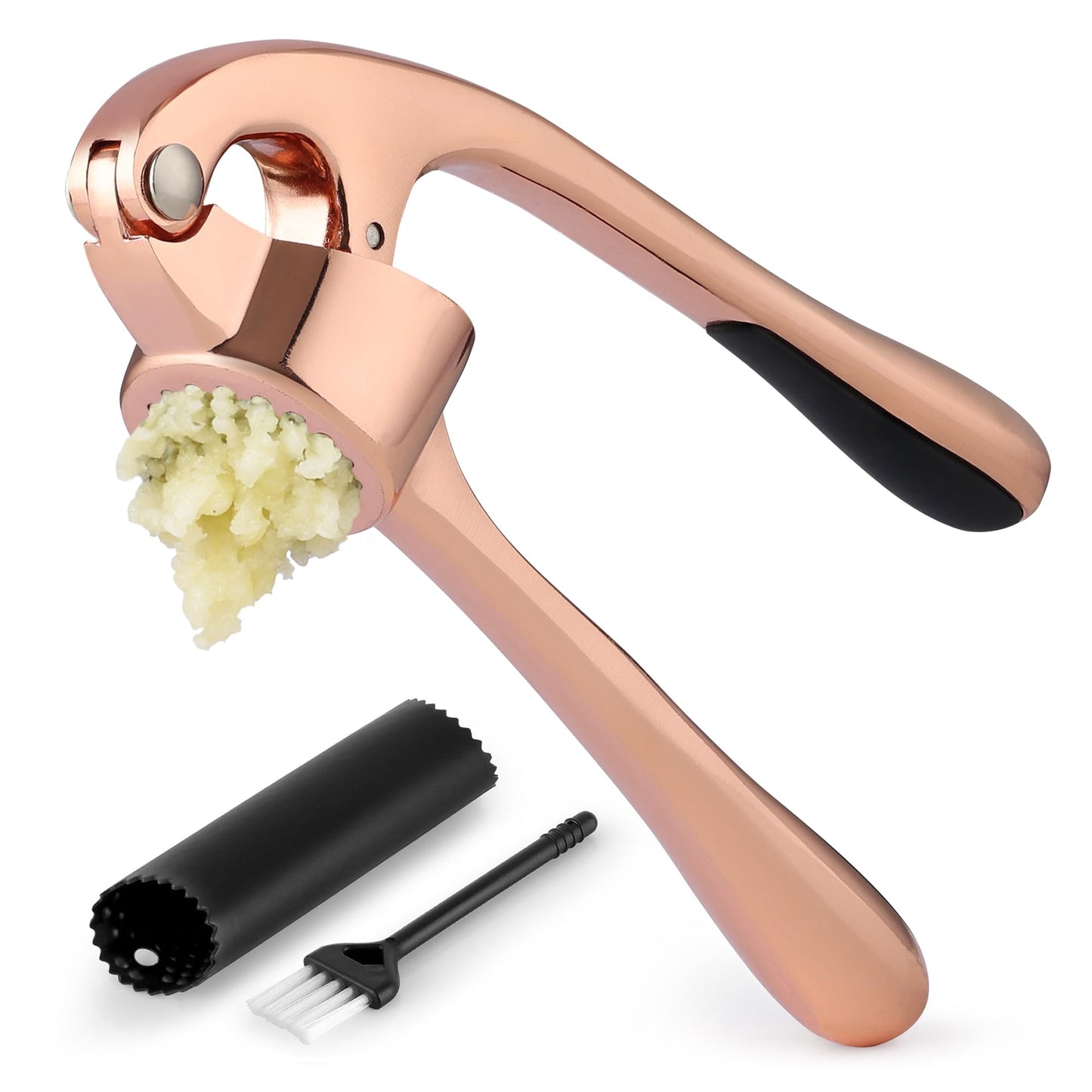 Zulay Kitchen Premium Garlic Press Set - Rust Proof & Dishwasher Safe Professional Garlic Mincer Tool - Easy-Squeeze, Easy-Clean with Soft, Ergonomic Handle - Silicone Garlic Peeler & Brush (Silver)