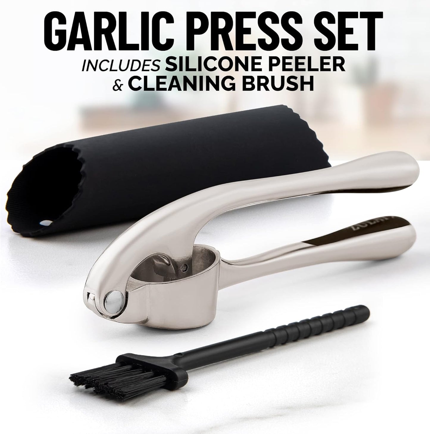 Zulay Kitchen Premium Garlic Press Set - Rust Proof & Dishwasher Safe Professional Garlic Mincer Tool - Easy-Squeeze, Easy-Clean with Soft, Ergonomic Handle - Silicone Garlic Peeler & Brush (Silver)