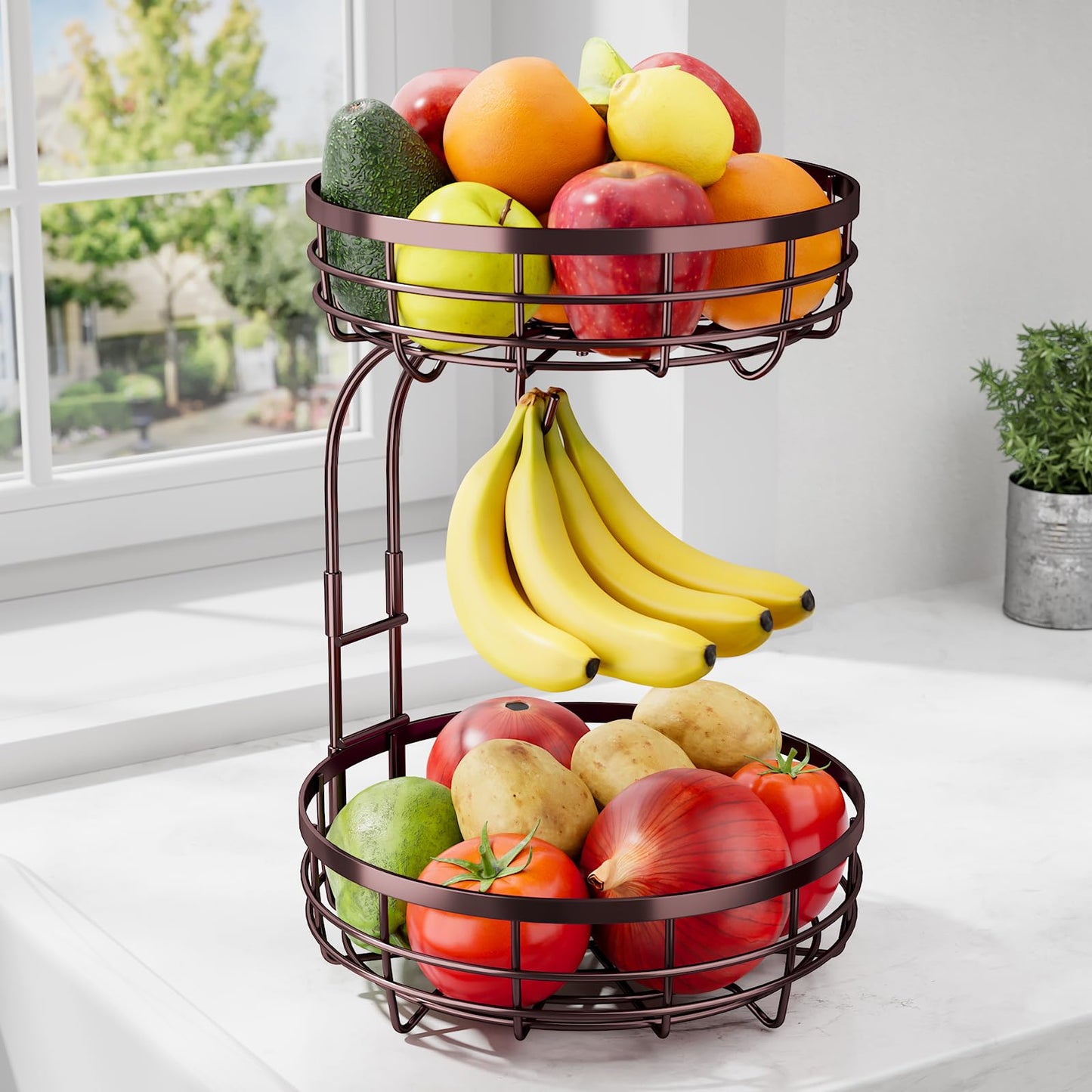 Fruit Basket for Kitchen Counter - 2-Tier Large Capacity Fruit Bowl with Detachable Banana Hanger, Rust-Proof Metal Fruit Holder for Vegetables, Bread, Toiletry,10" D x 10" W x 14" H, Black