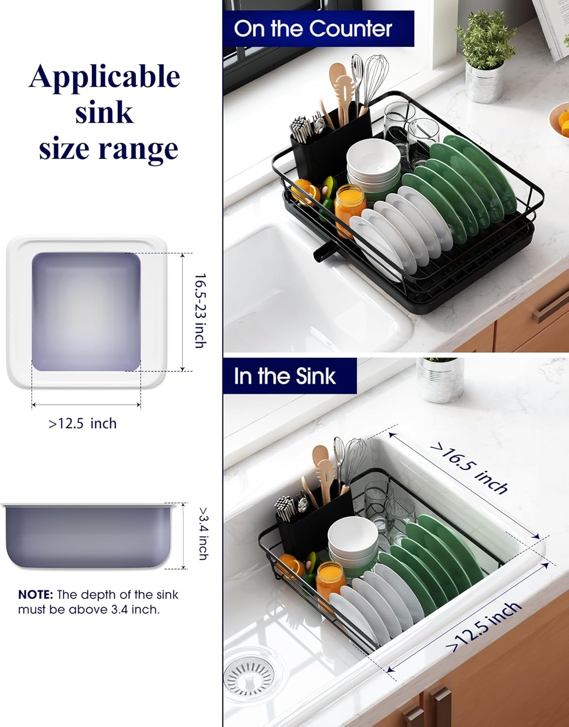 Kitsure Dish Drying Rack for Kitchen Counter, Stainless Steel Sink Organization and Storage Essentials with Cutlery Holder, Home and Appartment Decor, 12''W x 15.5''L, Black