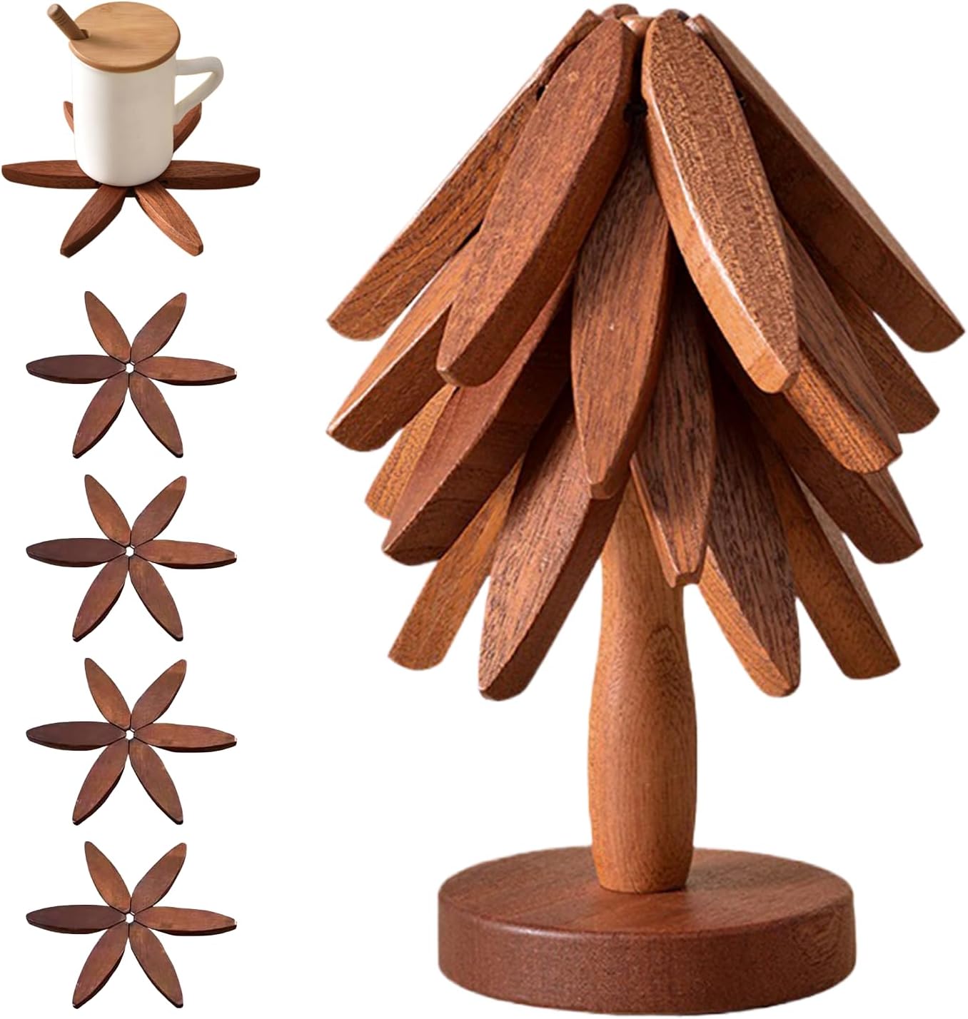 Wooden Trivets for Hot Dishes, Tree Shape Trivet Set, 4 Walnut Wood + 1 Stand stored Like a Christmas Tree,Foldable Kitchen Wooden Trivet,for Hot Dishes、Pot、Bowl、Teapot、Hot Pot Holder(Walnut Wood)