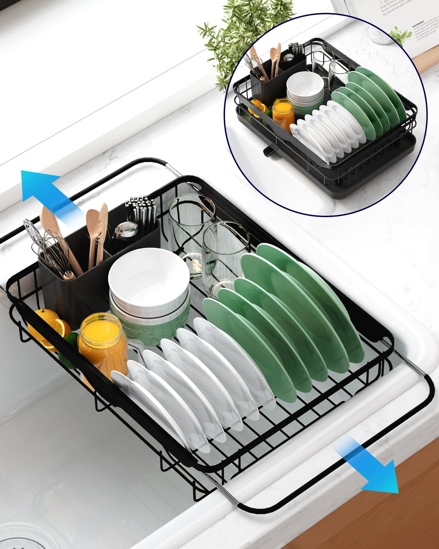 Kitsure Dish Drying Rack for Kitchen Counter, Stainless Steel Sink Organization and Storage Essentials with Cutlery Holder, Home and Appartment Decor, 12''W x 15.5''L, Black
