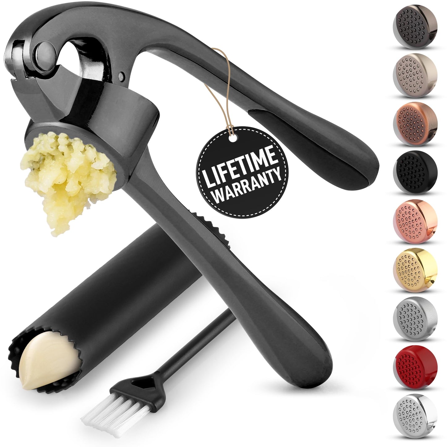 Zulay Kitchen Premium Garlic Press Set - Rust Proof & Dishwasher Safe Professional Garlic Mincer Tool - Easy-Squeeze, Easy-Clean with Soft, Ergonomic Handle - Silicone Garlic Peeler & Brush (Silver)