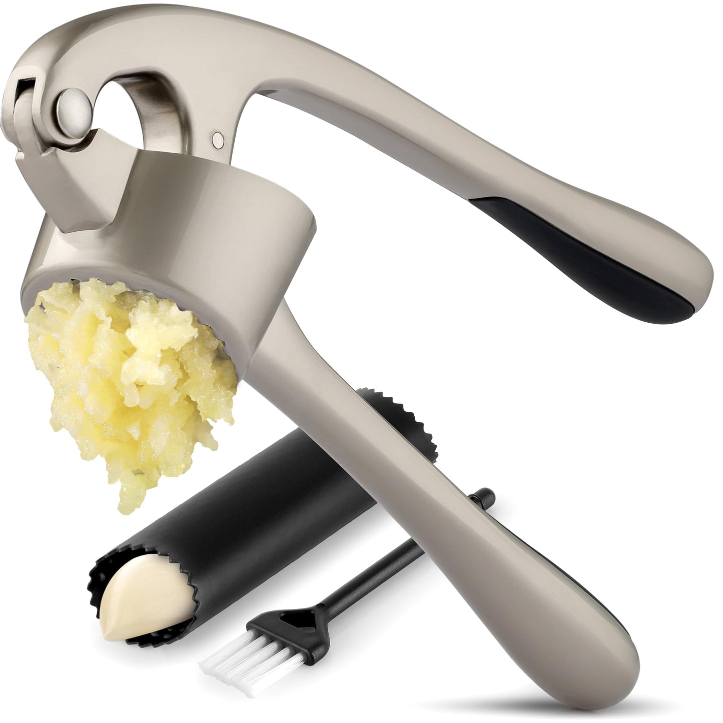 Zulay Kitchen Premium Garlic Press Set - Rust Proof & Dishwasher Safe Professional Garlic Mincer Tool - Easy-Squeeze, Easy-Clean with Soft, Ergonomic Handle - Silicone Garlic Peeler & Brush (Silver)