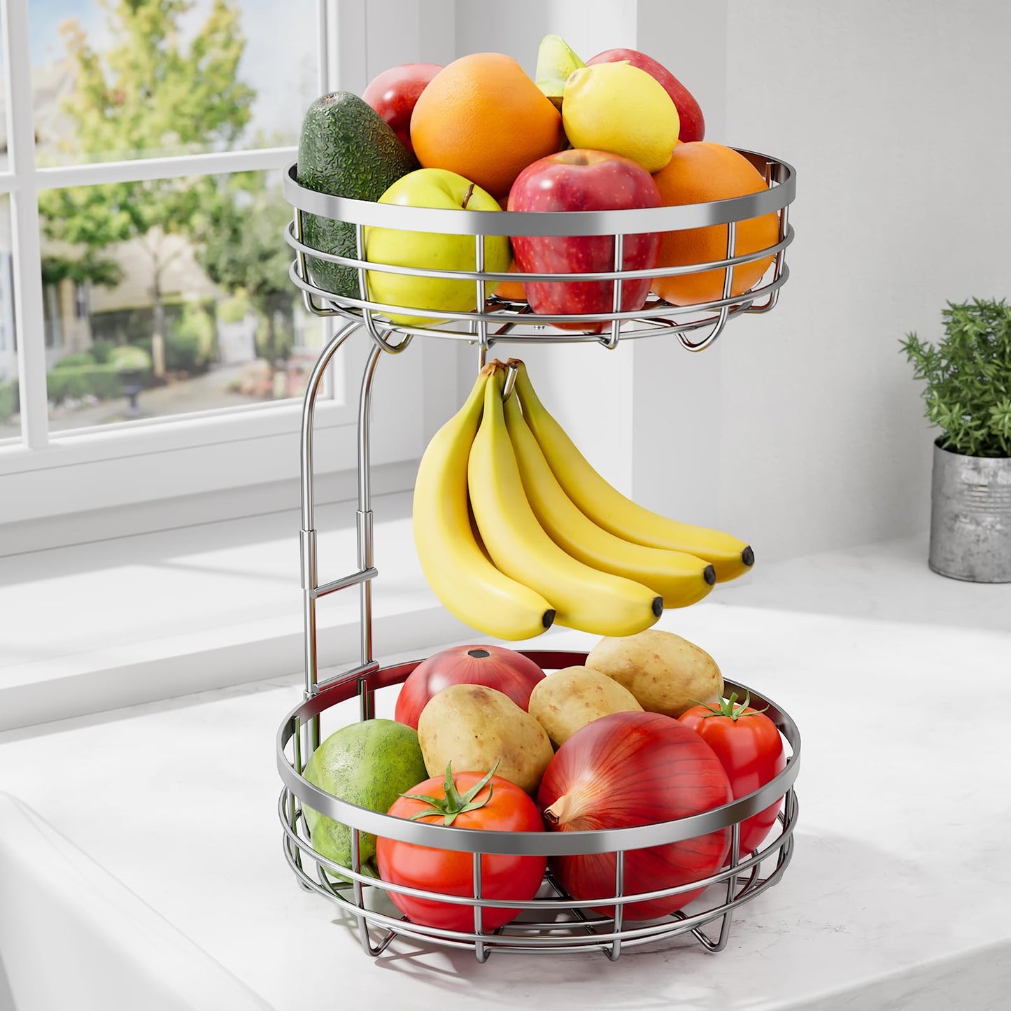 Fruit Basket for Kitchen Counter - 2-Tier Large Capacity Fruit Bowl with Detachable Banana Hanger, Rust-Proof Metal Fruit Holder for Vegetables, Bread, Toiletry,10" D x 10" W x 14" H, Black