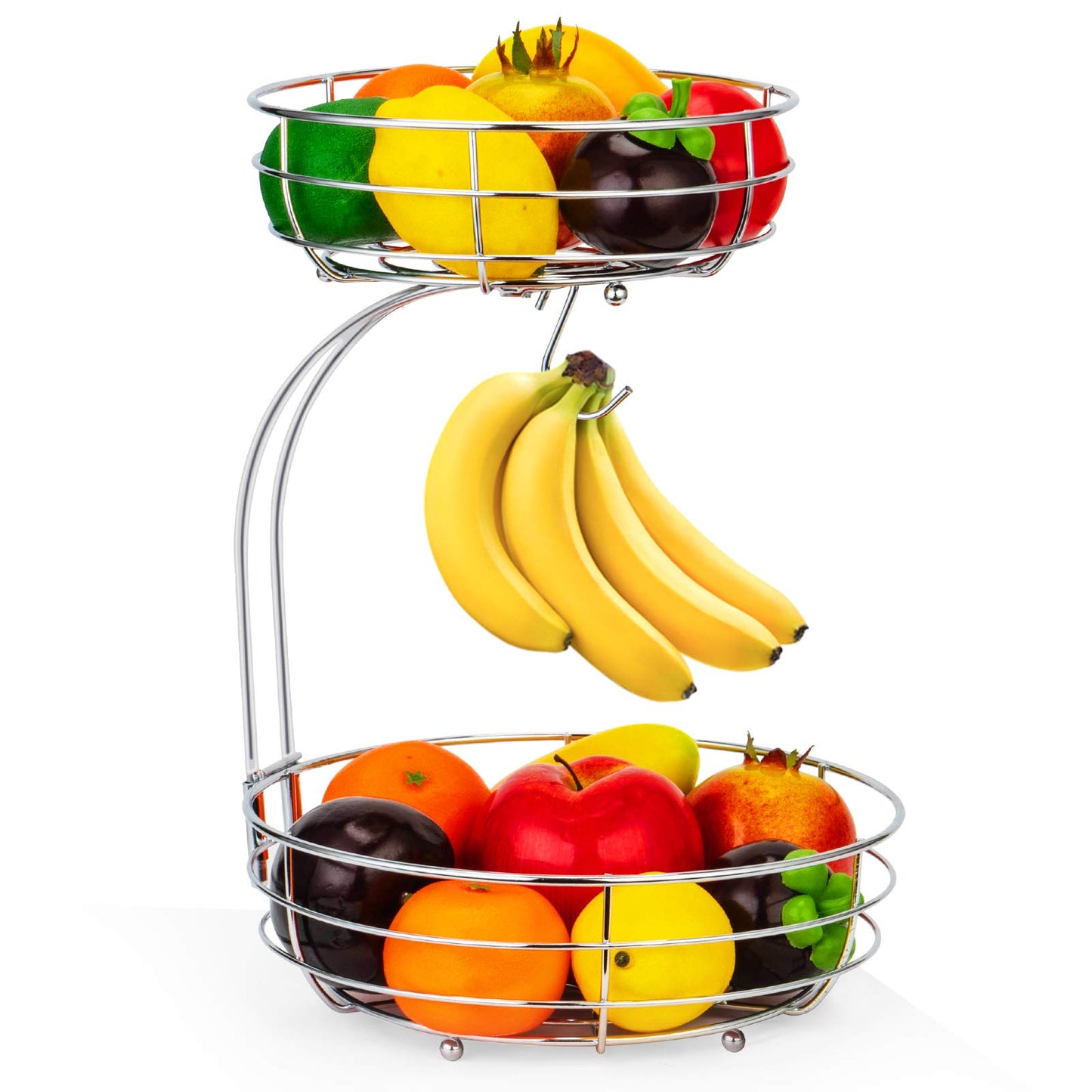 Auledio Iron 2-Tier Countertop Fruit Vegetables Basket Bowl Storage With Banana Hanger, Black, 64 ounces