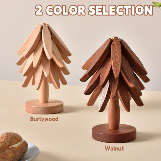 Wooden Trivets for Hot Dishes, Tree Shape Trivet Set, 4 Walnut Wood + 1 Stand stored Like a Christmas Tree,Foldable Kitchen Wooden Trivet,for Hot Dishes、Pot、Bowl、Teapot、Hot Pot Holder(Walnut Wood)