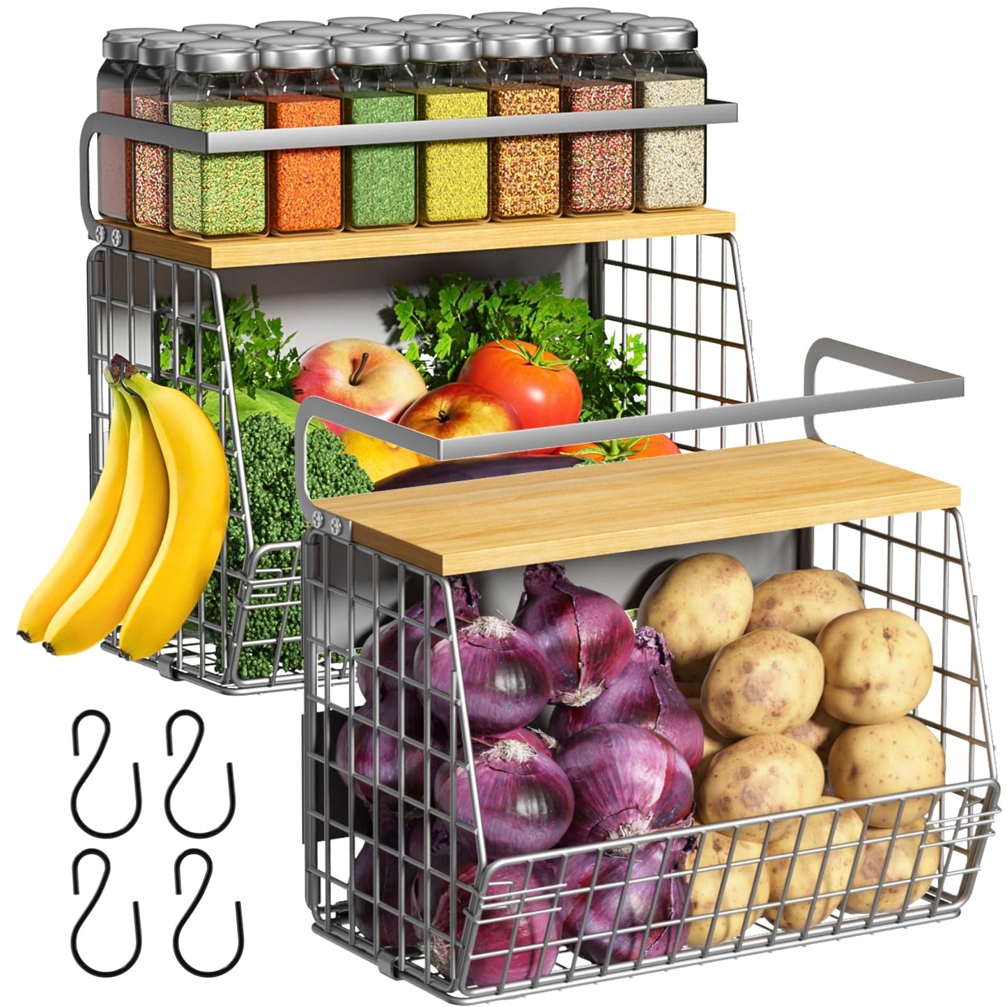 Ofiray-home Magnetic Shelf for Fridge with Wood Lid, Fruit Potato and Onion Storage Bins, Pantry Organizers & Storage, Large Container Magnetic Spice Rack for Refrigerator, Kitchen Counter, Cabinet