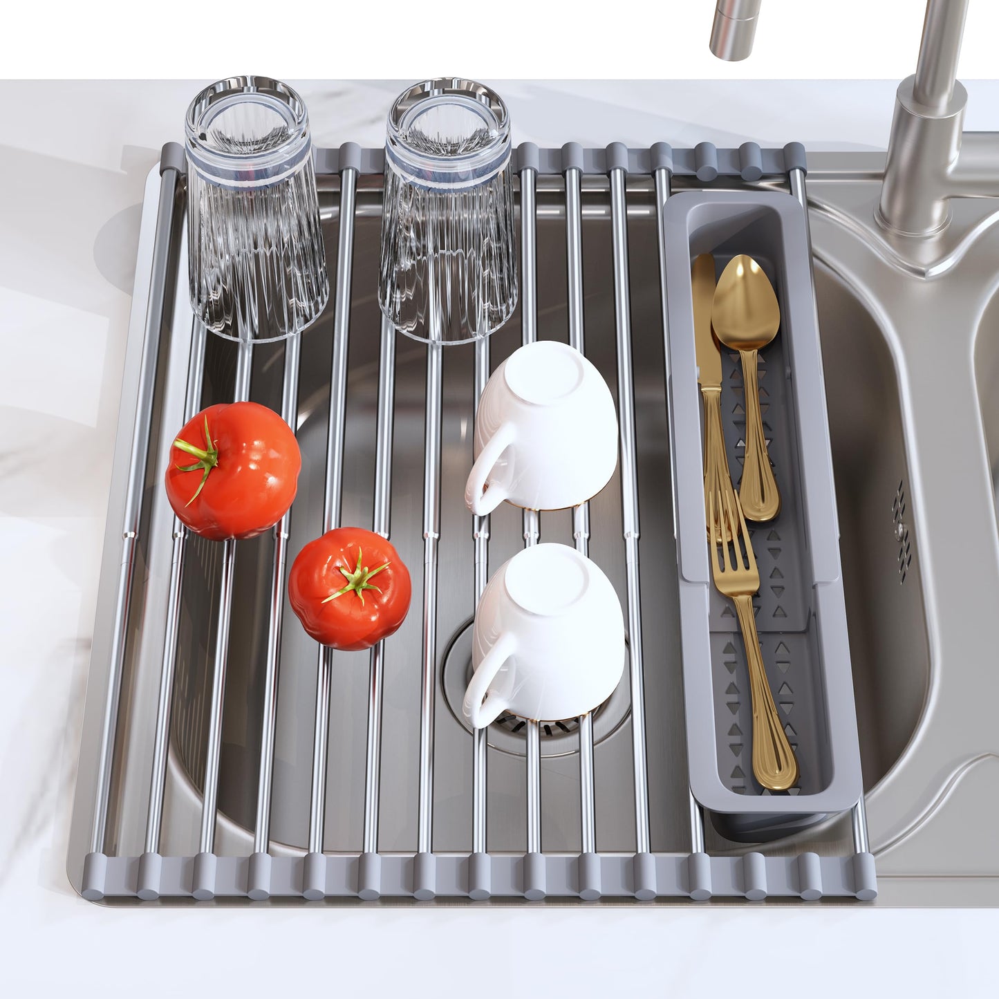 JASIWAY Dish Drying Rack in Sink, Expandable Stainless Steel Dish Drainers for Kitchen Counter, Dish Dryer Rack for Inside Sink, Over The Sink Dish Racks with Utensil Holder, Silver