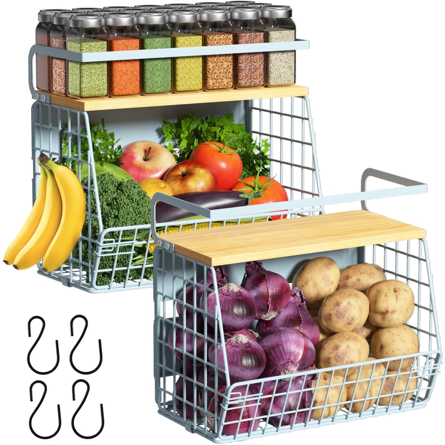 Ofiray-home Magnetic Shelf for Fridge with Wood Lid, Fruit Potato and Onion Storage Bins, Pantry Organizers & Storage, Large Container Magnetic Spice Rack for Refrigerator, Kitchen Counter, Cabinet