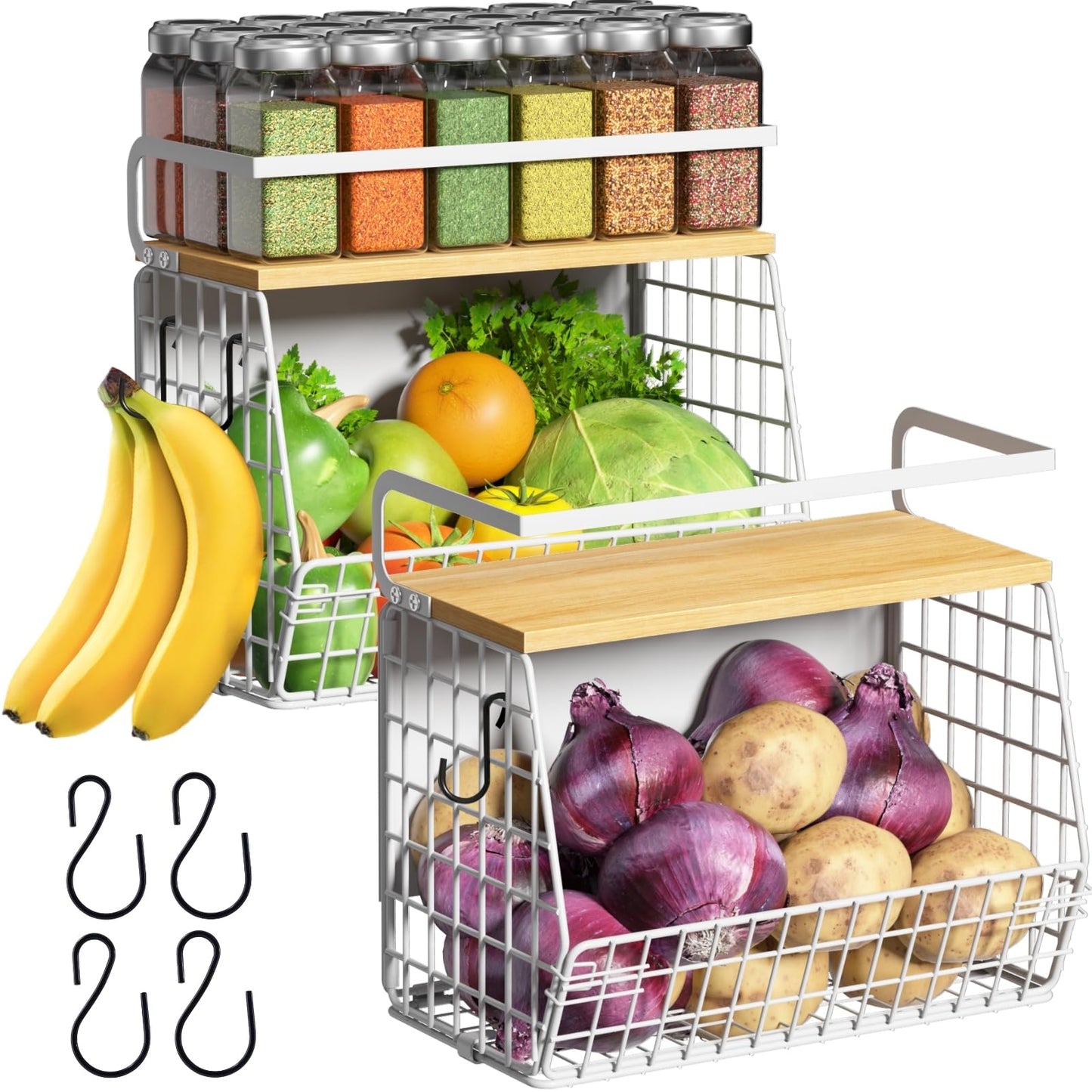 Ofiray-home Magnetic Shelf for Fridge with Wood Lid, Fruit Potato and Onion Storage Bins, Pantry Organizers & Storage, Large Container Magnetic Spice Rack for Refrigerator, Kitchen Counter, Cabinet