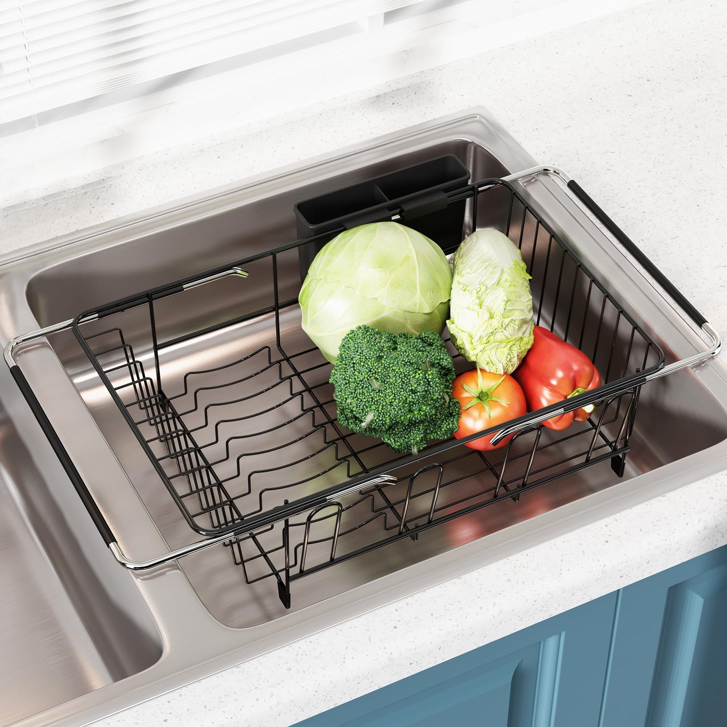 JASIWAY Dish Drying Rack in Sink, Expandable Stainless Steel Dish Drainers for Kitchen Counter, Dish Dryer Rack for Inside Sink, Over The Sink Dish Racks with Utensil Holder, Silver