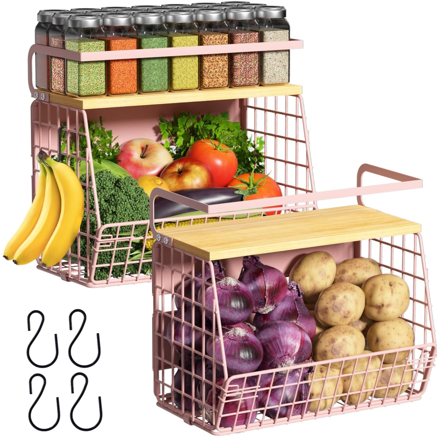 Ofiray-home Magnetic Shelf for Fridge with Wood Lid, Fruit Potato and Onion Storage Bins, Pantry Organizers & Storage, Large Container Magnetic Spice Rack for Refrigerator, Kitchen Counter, Cabinet