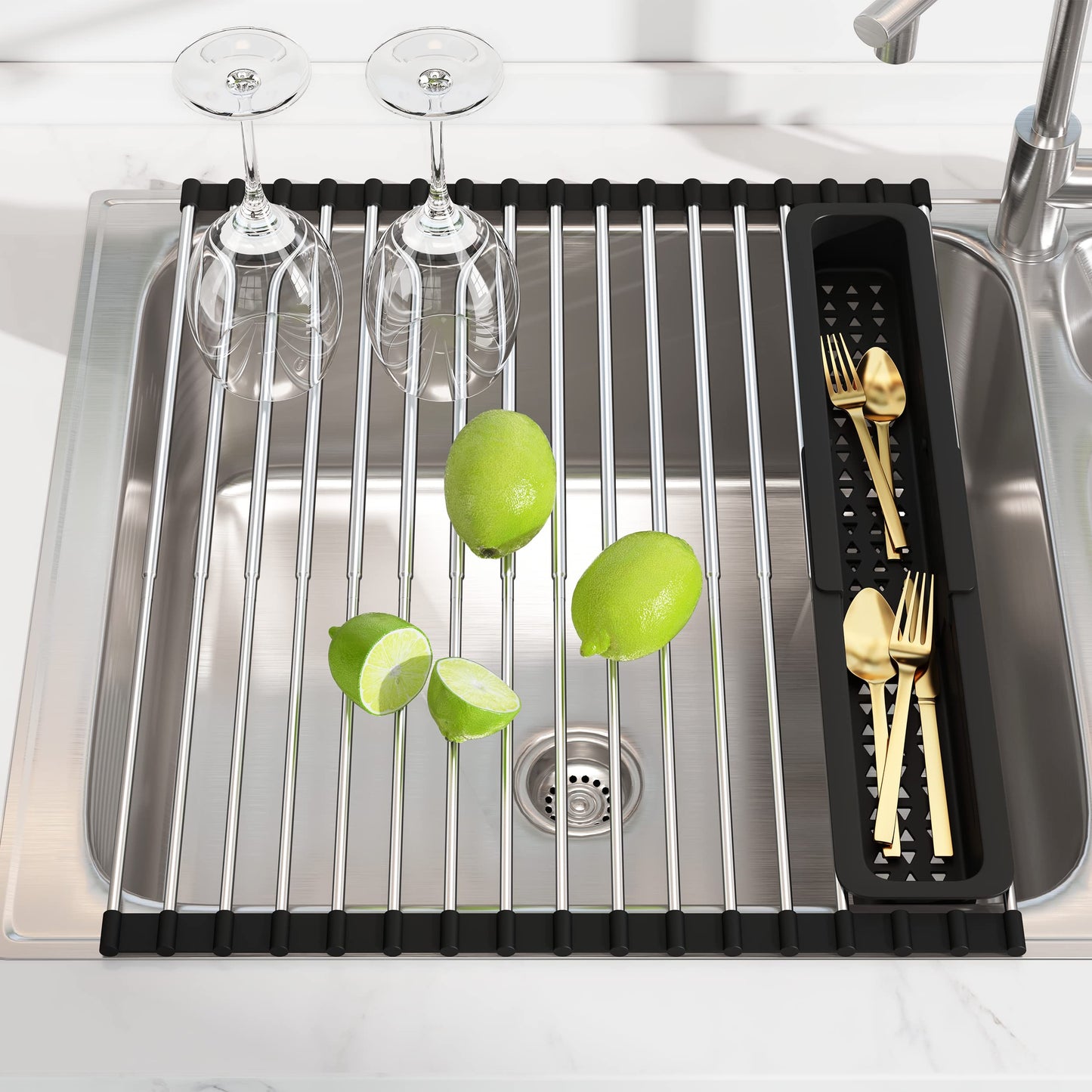 JASIWAY Dish Drying Rack in Sink, Expandable Stainless Steel Dish Drainers for Kitchen Counter, Dish Dryer Rack for Inside Sink, Over The Sink Dish Racks with Utensil Holder, Silver