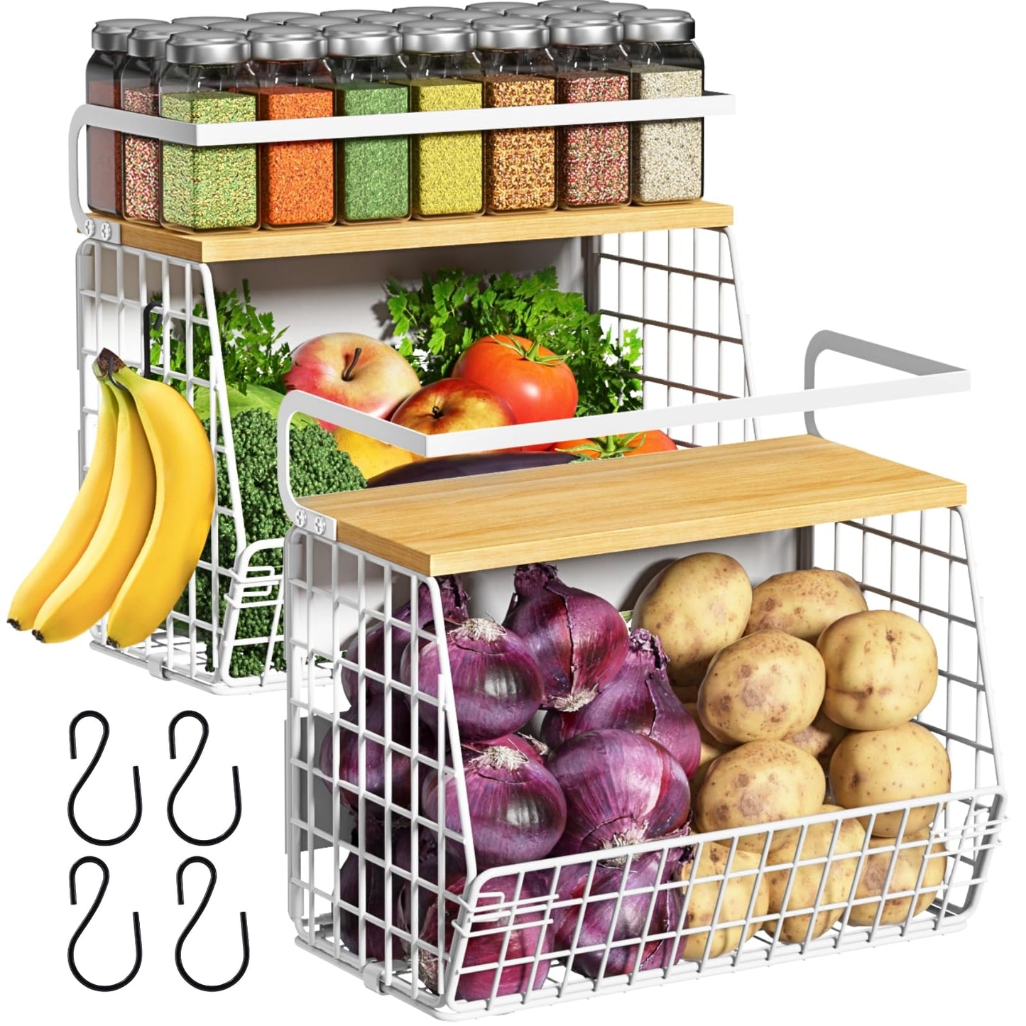 Ofiray-home Magnetic Shelf for Fridge with Wood Lid, Fruit Potato and Onion Storage Bins, Pantry Organizers & Storage, Large Container Magnetic Spice Rack for Refrigerator, Kitchen Counter, Cabinet