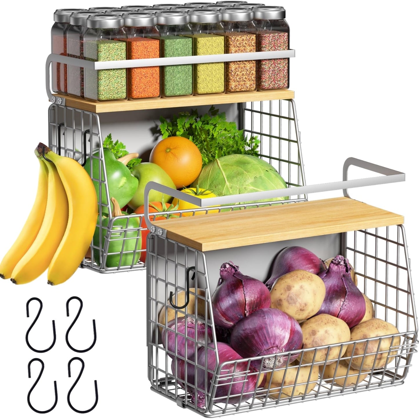 Ofiray-home Magnetic Shelf for Fridge with Wood Lid, Fruit Potato and Onion Storage Bins, Pantry Organizers & Storage, Large Container Magnetic Spice Rack for Refrigerator, Kitchen Counter, Cabinet