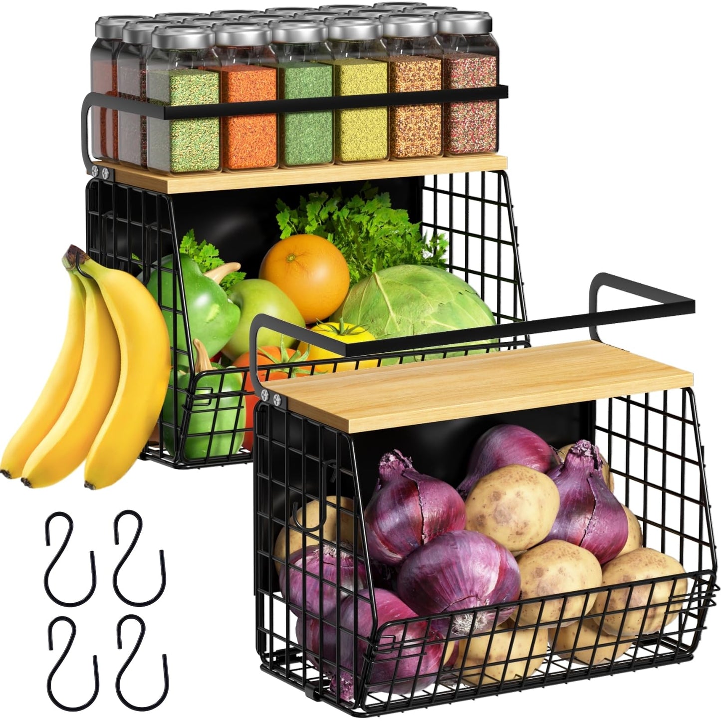 Ofiray-home Magnetic Shelf for Fridge with Wood Lid, Fruit Potato and Onion Storage Bins, Pantry Organizers & Storage, Large Container Magnetic Spice Rack for Refrigerator, Kitchen Counter, Cabinet