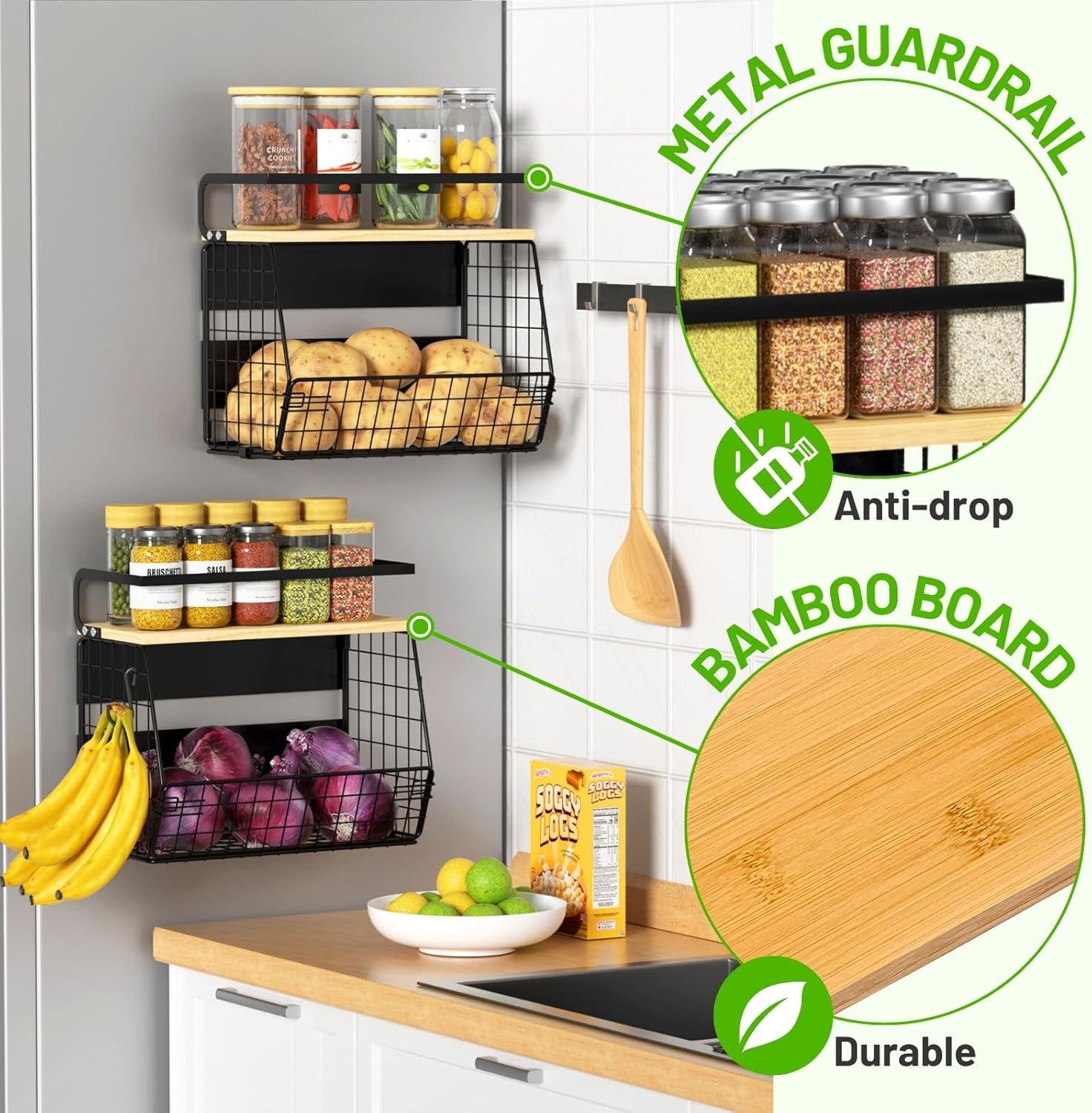 Ofiray-home Magnetic Shelf for Fridge with Wood Lid, Fruit Potato and Onion Storage Bins, Pantry Organizers & Storage, Large Container Magnetic Spice Rack for Refrigerator, Kitchen Counter, Cabinet