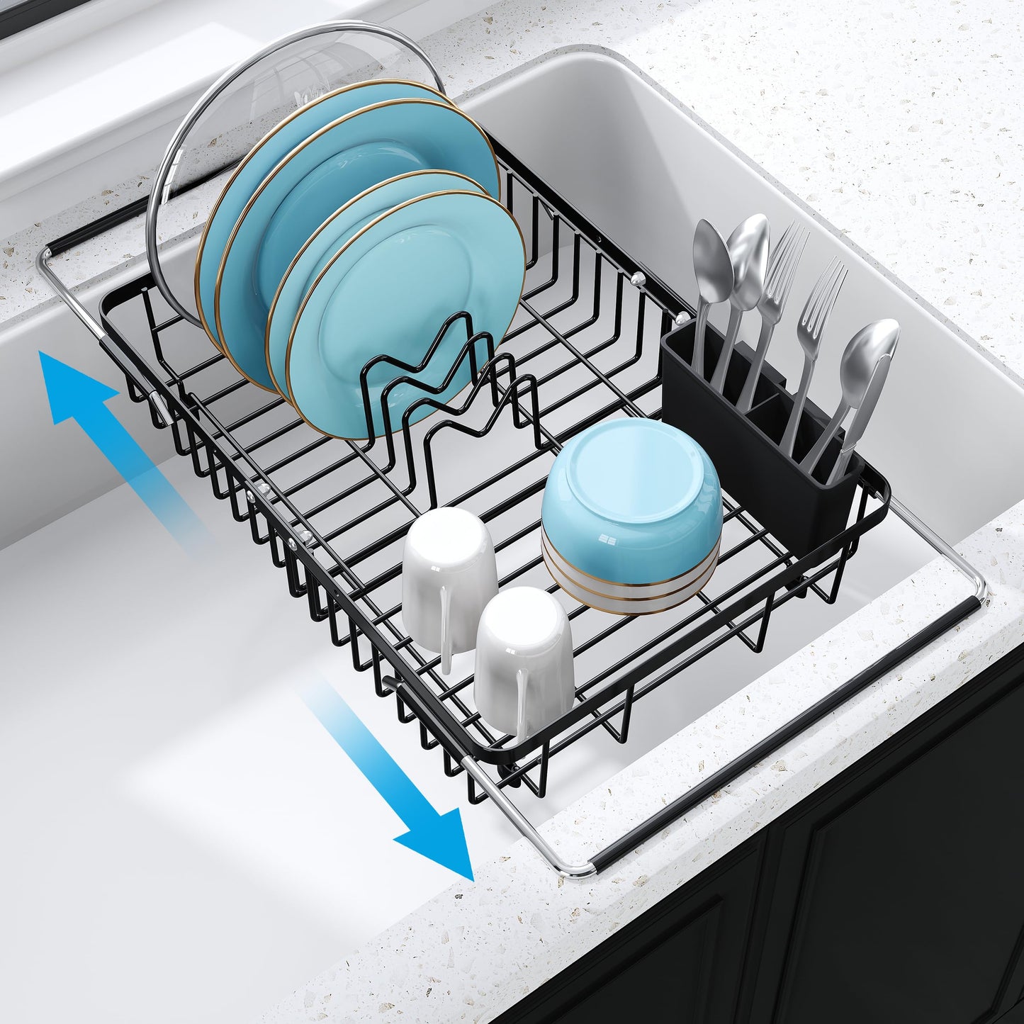 JASIWAY Dish Drying Rack in Sink, Expandable Stainless Steel Dish Drainers for Kitchen Counter, Dish Dryer Rack for Inside Sink, Over The Sink Dish Racks with Utensil Holder, Silver